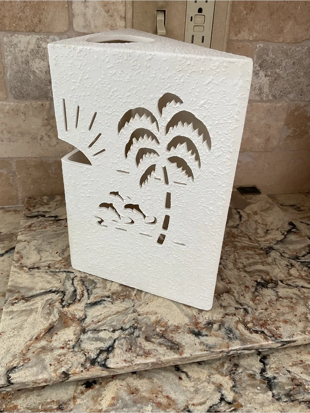 Cream Ceramic Tropical Palm Tree and Dolphin Cutout Wall Decor/Light